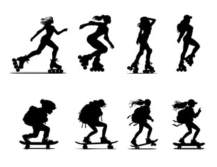 Collection of skateboard vector illustration. Girls skating vector set.