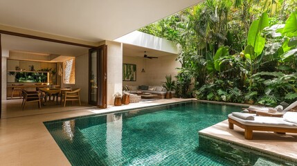 Modern villa with private pool, patio, and lush greenery.