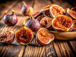 Dried fig fruit displayed on a rustic wooden table with natural lighting and a neutral background