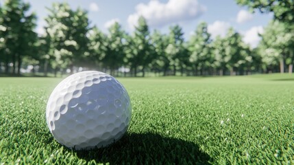Obraz premium Golf ball bouncing off the green after a chip shot, with a scenic golf course in the background
