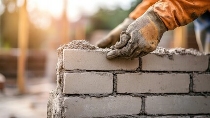 A worker carefully places bricks and spreads mortar, constructing a sturdy wall. The sun casts a warm glow on the ongoing masonry work, showcasing craftsmanship
