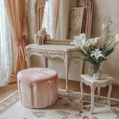 Aesthetic cozy feminine photo of stylish dressing room with a large mirror, a pink velvet ottoman, a vintage vanity table, a soft rug, and a bouquet of fresh lilies on a side table