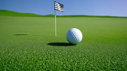 Obraz premium Golf ball rolling toward the cup with the flag fluttering in the breeze, mid-day on the green