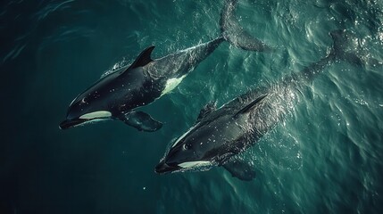 Fototapeta premium a magnificent baby killer whale swimming closely beside its mother captured in a heartwarming closeup highlighting the bond between them in the clear blue ocean