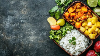 Indian-style lunchbox with rice, curry, and fruits for schoolchildren, with ample space for copy.