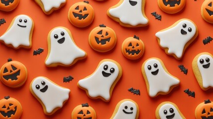 A festive pattern of ghost and pumpkin-shaped cookies on an orange background, perfect for Halloween decoration. Realistic, detailed