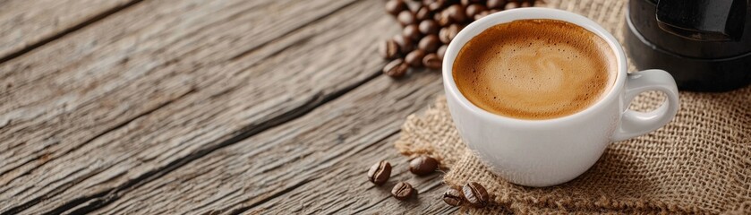 Obraz premium Warm coffee cup on rustic wooden table with coffee beans and burlap.