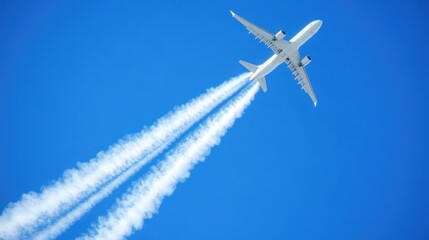 High-altitude jet plane leaving contrails across a bright blue sky, symbolizing travel and exploration