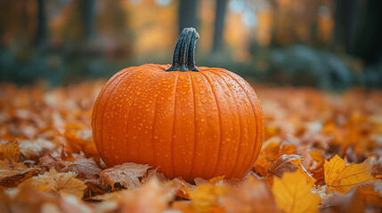 Pumpkin on autumn leaves in the forest. Halloween background.