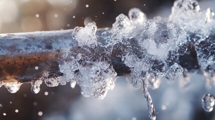 A burst water pipe expels water, creating beautiful ice crystals that form around it. This occurs in a cold winter environment, showcasing nature's unique patterns