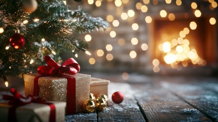 Cozy Christmas Evening, a warm living room adorned with twinkling lights, a glowing tree by the fireplace, festive gifts scattered around, creating a magical holiday atmosphere