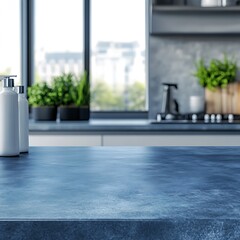 Fototapeta premium Kitchen with an empty blue countertop against a blurred background of a modern interior. Tabletop for product presentation. Clean mockup for food or laundry detergent, washing. 