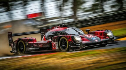 High-performance race car speeding around a track, leaving a trail of dust and motion blur in its wake