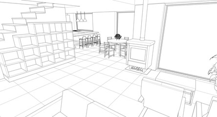 interior kitchen living room 3d illustration