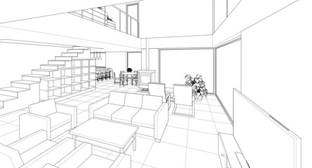 interior kitchen living room 3d illustration