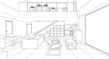 interior kitchen living room 3d illustration