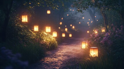 A magical forest pathway illuminated by warm lantern light at twilight, creating an enchanted and serene atmosphere. Realistic, highly detailed