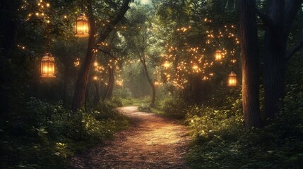 Obraz premium A magical forest pathway illuminated by warm lantern light at twilight, creating an enchanted and serene atmosphere. Realistic, highly detailed