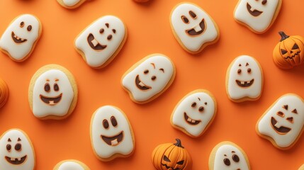 A pattern of cookies shaped like smiling ghosts and pumpkins on an orange background, perfect for Halloween treats. Realistic, very detailed