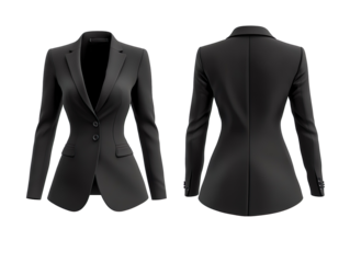 Black blazer for woman, front and side view, mockup isolated on transparent background