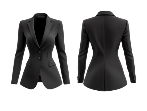 Black blazer for woman, front and side view, mockup isolated on transparent background