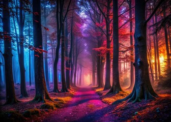 Eerie Shadows and Haunting Atmosphere in a Dark Forest Perfect for Fear and Horror Themes