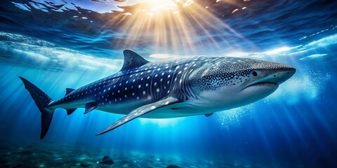 Fototapeta premium Gracefully swimming through the stunning blue ocean, a majestic whale shark showcases its immense size, gliding near
