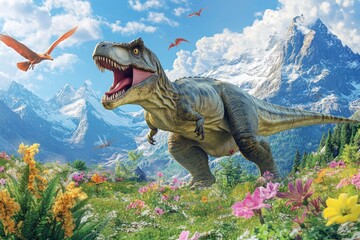 Dinosaurs in the valley, mountains, and sky background.