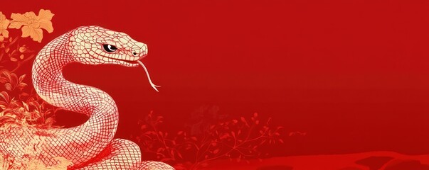 Obraz premium golden tongued snake on red background in chinese style, suitable for banner, greeting card, background, website decoration