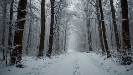 Fototapeta premium A snowy forest path, trees covered in frost, leads into a misty distance.