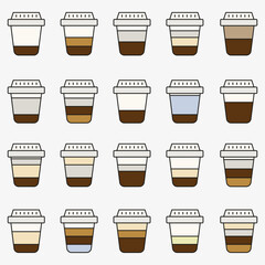A set of types of coffee and their preparation. Types of coffee. Cafe menu. Flat style.