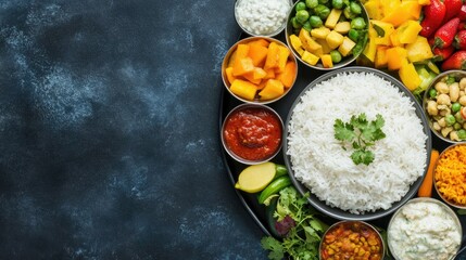 Top view of Indian school food with rice, vegetables, and fruits, and plenty of space for text.
