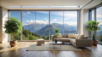 Fototapeta premium Modern Sectional Sofa with Panoramic Mountain View in a Room with Natural Light and Greenery
