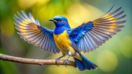 A Small Blue and Yellow Bird Perched on a Branch with its Wings Spread Wide in a Moment of Flight