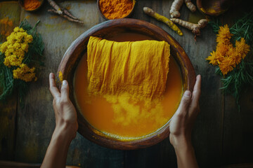 Hands dyeing a piece of fabric in a bowl with natural yellow dye from turmeric