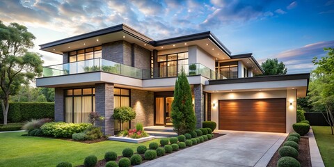 Fototapeta premium Modern home with a sleek design, featuring a spacious driveway, lush landscaping, and a welcoming entryway.