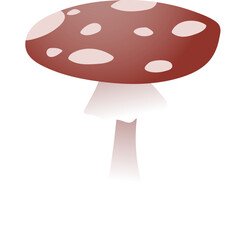 Simple illustration deep red coloured capped fly amenity mushroom with white round spots on the cap and white stem. White background separated.