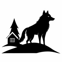 Wolf looking at house silhouette vector illustration on white background