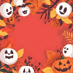 Cheerful Halloween Cartoon Frame with Pumpkins Ghosts and Autumn Leaves