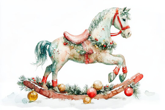 Watercolor christmas rocking horse with festive decorations, creating a whimsical and nostalgic holiday atmosphere