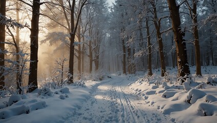 Fototapeta premium A snowy forest path, trees covered in snow, sunlight filtering through the trees.