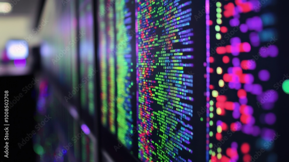 Poster the computer screen displays intricate data visualizations filled with vibrant colors and patterns i