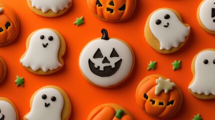 Obraz premium A spooky yet cute Halloween cookie pattern featuring pumpkins and ghosts on a vibrant orange background. Realistic, highly detailed