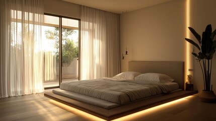 A tranquil bedroom with a low-profile bed, soft lighting, and sheer curtains behind sliding glass doors