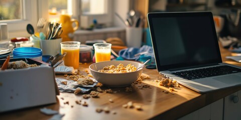 A busy kitchen counter during breakfast rush