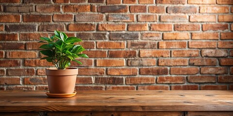 A potted plant with lush green foliage sits on a rustic wooden surface against a backdrop of a textured brick wall.