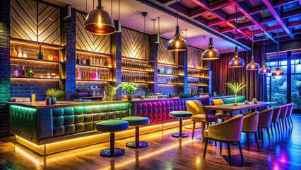 Elegant bar and hotel interior showcasing modern design with stylish furnishings and ambient lighting