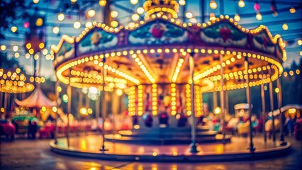 A Blurred Evening View of a Carousel with Twinkling Lights and People in the Background