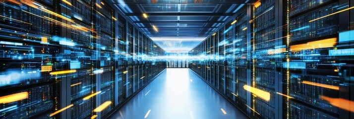 Server Room Futuristic Technology, with Blurry Lights for Big Data, Cloud Computing, and Connections