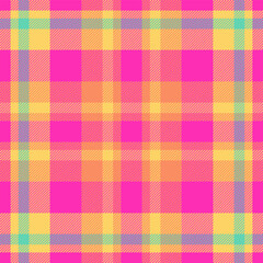 70s vector check background, tribal texture tartan textile. Post fabric seamless plaid pattern in pink and amber colors.